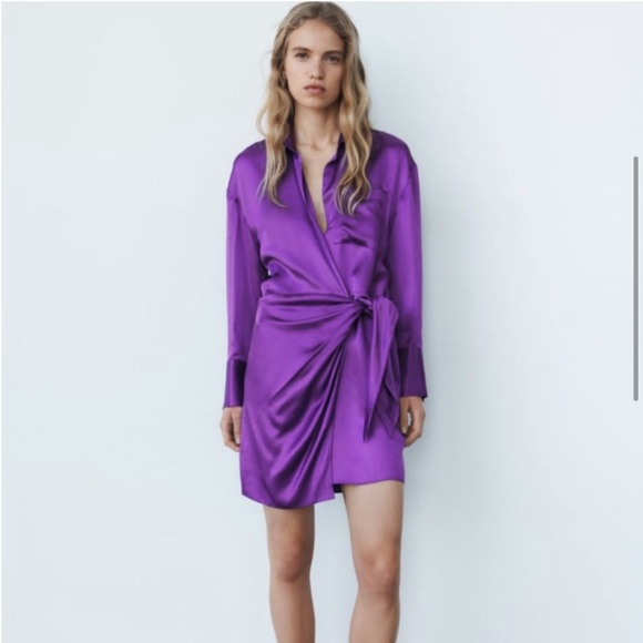 NWT ZARA SATIN EFFECT WRAP DRESS PURPLE - Picture 7 of 8